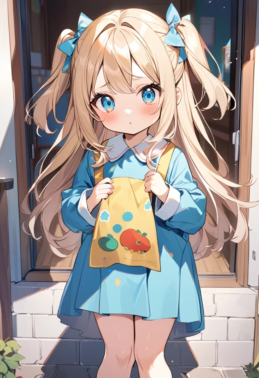 1girl,two side up,long hair,blonde hair,turquoise eyes,kids kindergarten uniform