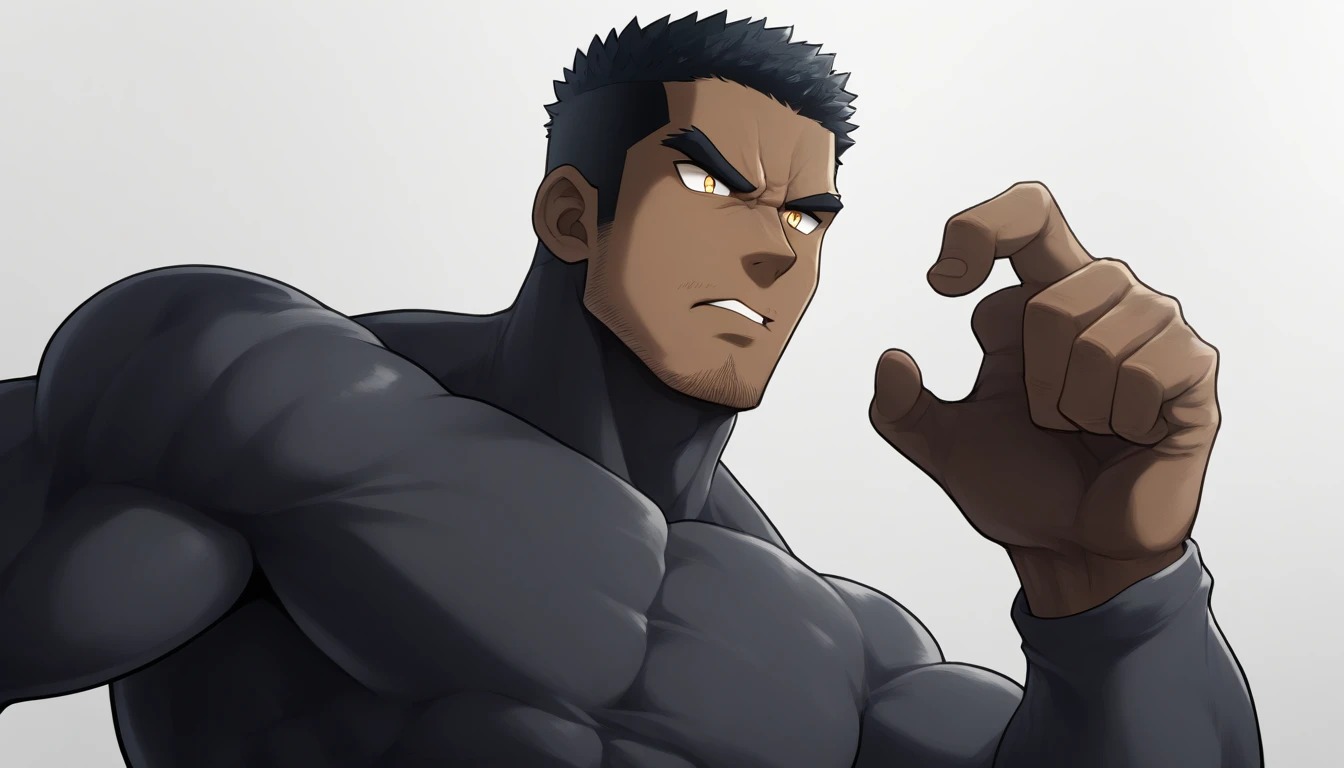 negro, negro, negro, anime characters:Gyee, Muscle Sports Student, negro black skin, 1 muscular tough guy, Manliness, male focus, Dark grey long sleeve tights, Very tight, The pectoral muscles are oversized, Slightly transparent, muscular male, muscular, only, Upper body, alone, Black short hair, Thick eyebrows, stubble, Yellow eyes, White background, simple background, amazing quality, best aesthetics, Ridiculous, bright pupils, crew cut, parted lips, v-shaped eyebrows, jitome, best quality