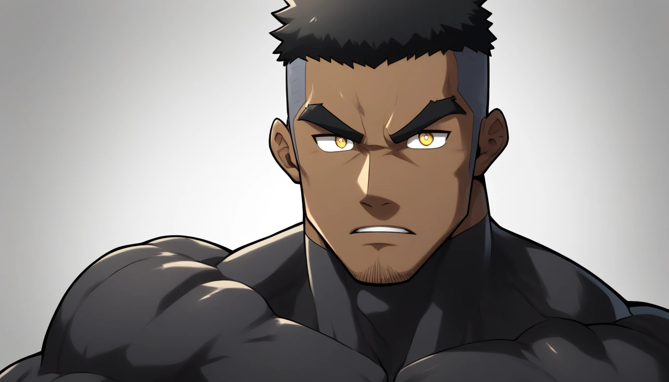 negro, negro, negro, anime characters：Gyee, Muscle Sports Student, negro black skin, 1 muscular tough guy, Manliness, male focus, Dark grey long sleeve tights, Very tight, The pectoral muscles are oversized, Slightly transparent, muscular male, muscular, only, Upper body, alone, Black short hair, Thick eyebrows, stubble, Yellow eyes, White background, simple background, amazing quality, best aesthetics, Ridiculous, bright pupils, crew cut, parted lips, v-shaped eyebrows, jitome, best quality