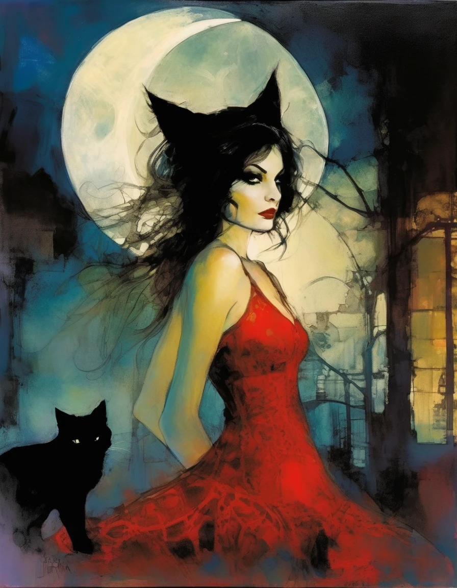 the sexy girl and the cat and the half moon, night, lace dress ( art inspired by Bill Sienkiewicz, oil painting)
