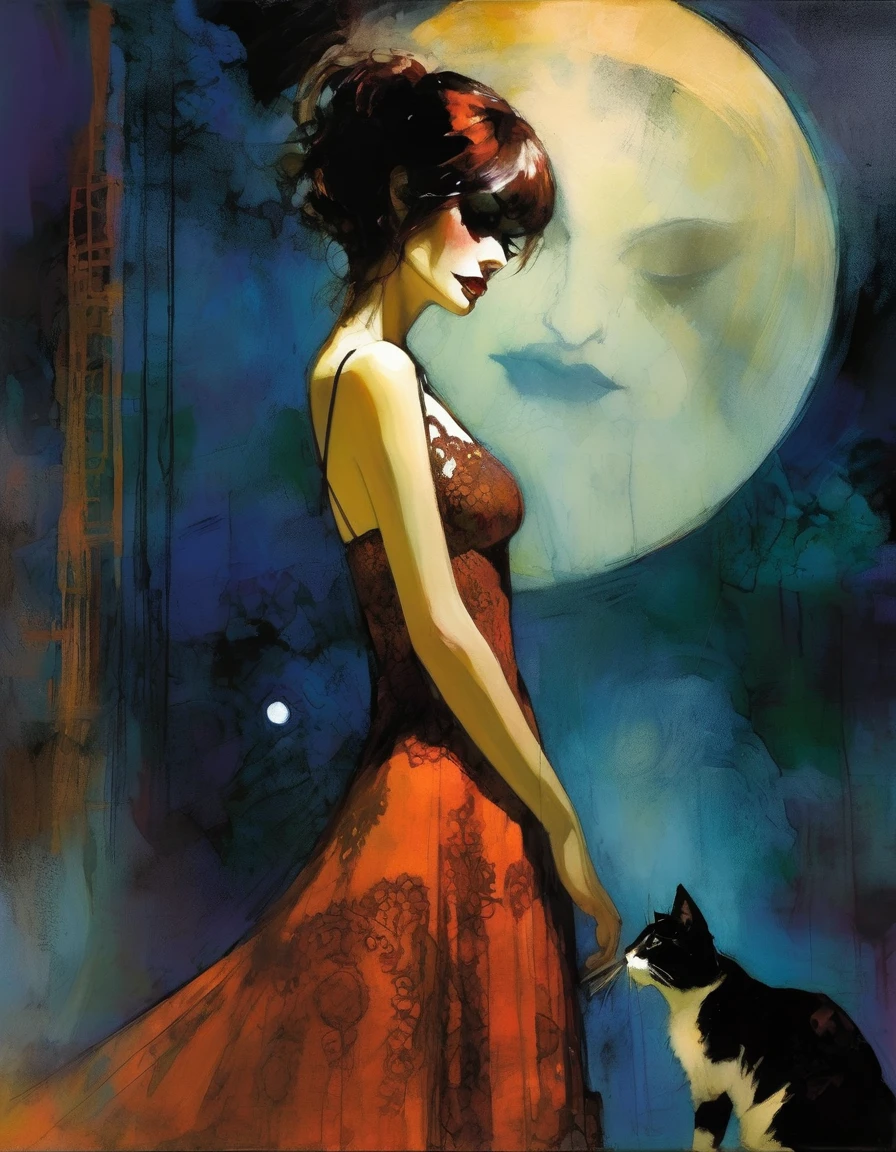 the sexy girl and the cat and the half moon, night, lace dress ( art inspired by Bill Sienkiewicz, oil painting)
