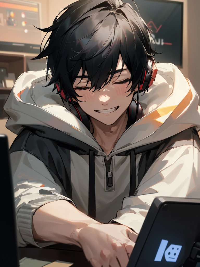 highest quality: 1.0), masterpiece, Age 25,male,Upper Body, Sleep insufficient,insufficient,(Face close-up)P,one person,Grin, Mashed black hair、hoodie,Headphones on neck,,sit in front of the computer and play games, E-sports room background,Gamer's Room,