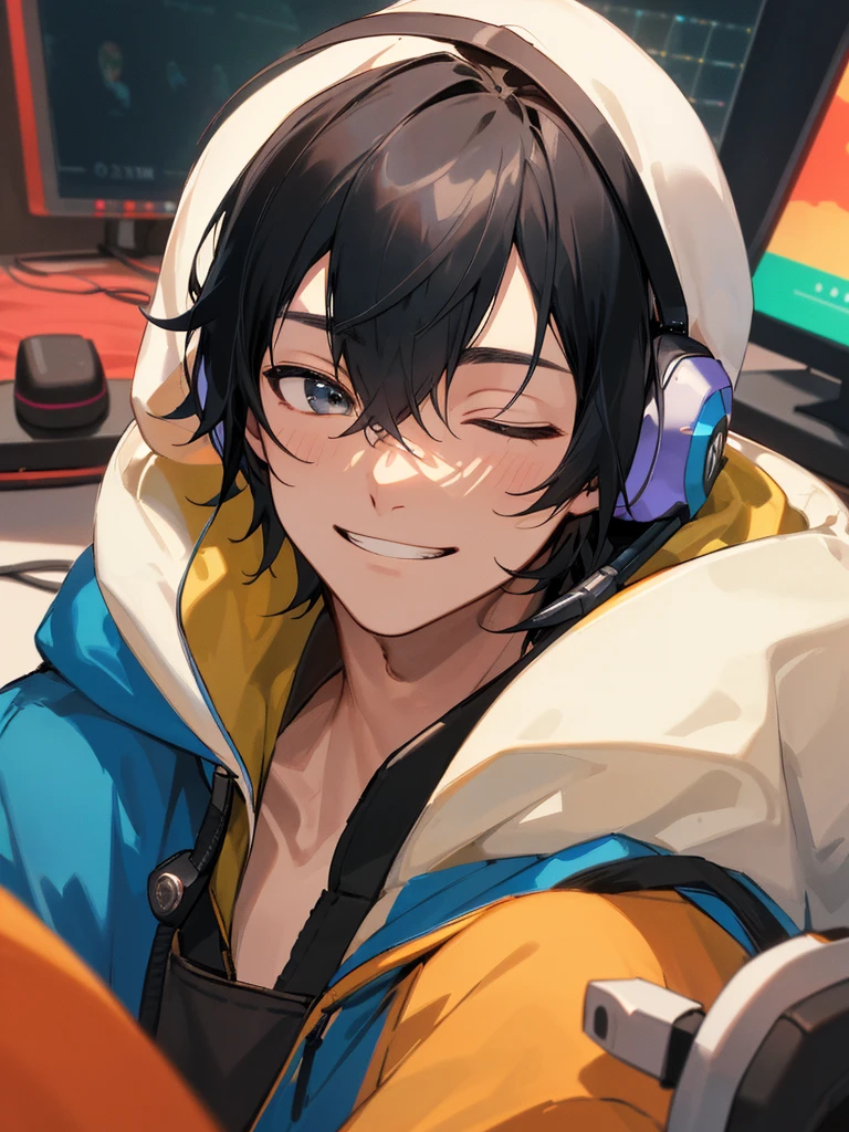 highest quality: 1.0), masterpiece, Age 25,male,Upper Body, Sleep insufficient,insufficient,(Face close-up)P,one person,Grin, Mashed black hair、hoodie,Headphones on neck,,sit in front of the computer and play games, E-sports room background,Gamer's Room,
