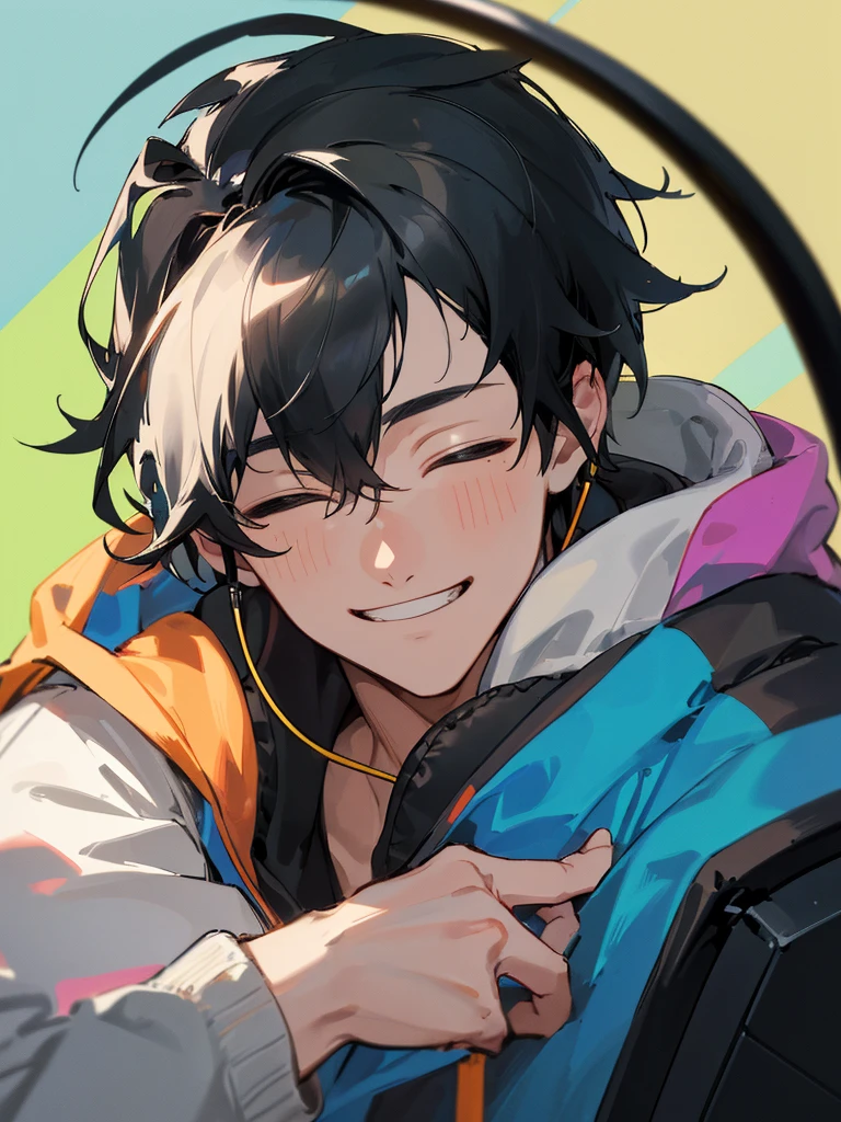 highest quality: 1.0), masterpiece, Age 25,male,Upper Body, Sleep insufficient,insufficient,(Face close-up)P,one person,Grin, Mashed black hair、hoodie,Headphones on neck,,sit in front of the computer and play games, E-sports room background,Gamer's Room,