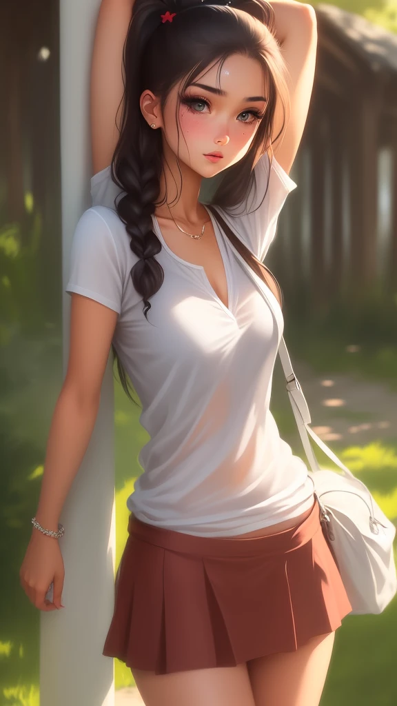 NSFW, Korean female、Golfer、randam angle、Spanning Caddy Bag、Polo shirt wet with sweat、Smaller chest、Perfectly sheer of、Arm Cover、Narrowed eyes、kawaii faces、Rin々Facial expressions、caps、poneyTail、masutepiece、top-quality、14years