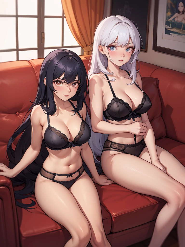 two women in black lingerie sitting on a sofa, modelo uniforme | digite germe, obras de arte no estilo de guweiz, alena aenami and digite germe, digite germe e atey ghailan, Alena Aenami e Lilia Alvarado, extremely detailed digite germe, digite germe and genzoman, style digite germe