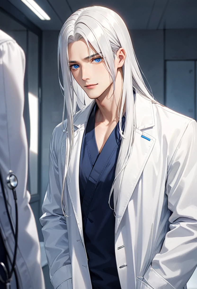 Handsome man、White Hair、Straight Hair、doctor's white coatを着ている、Blue Eyes