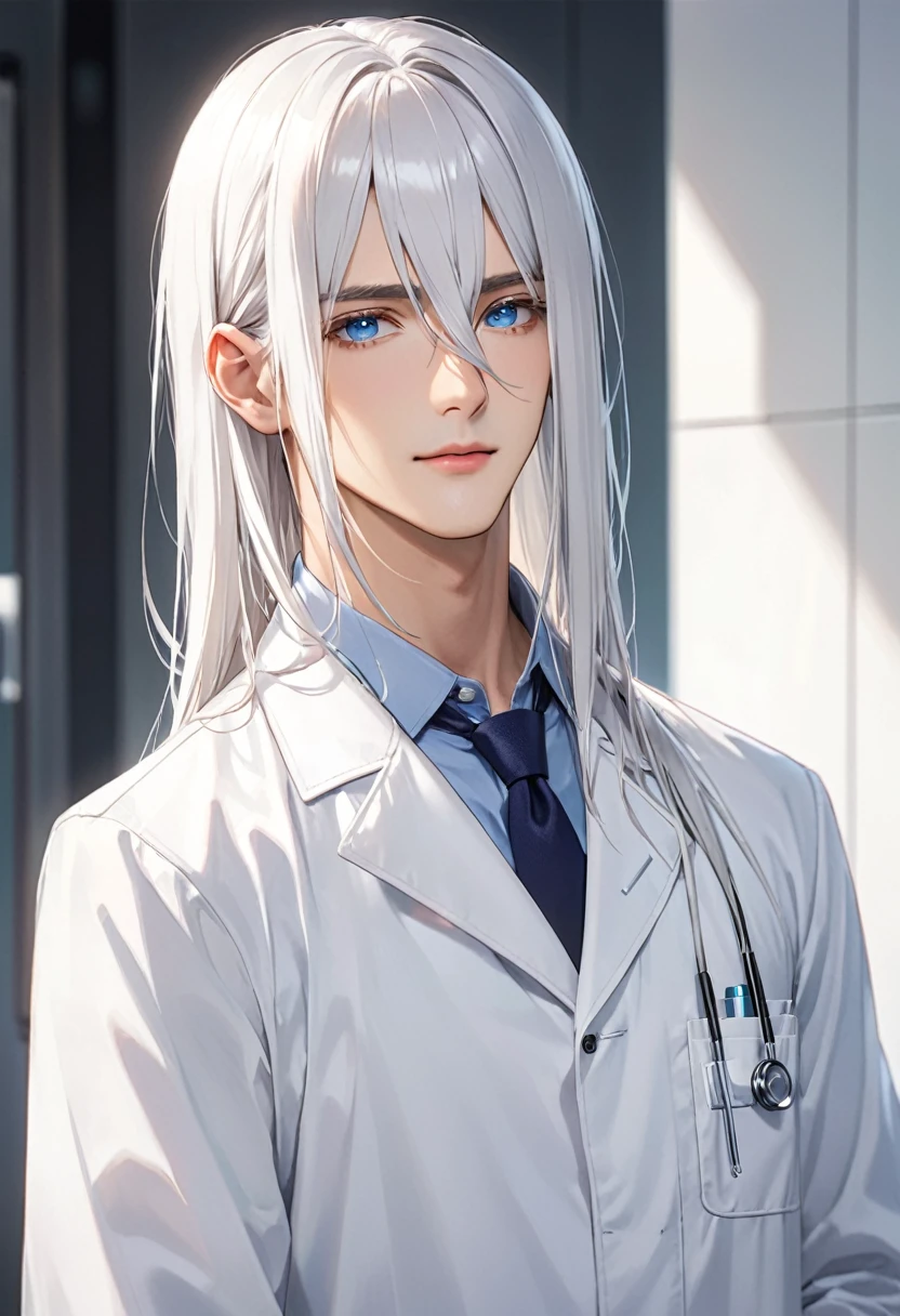 Handsome man、White Hair、Straight Hair、doctor's white coatを着ている、Blue Eyes