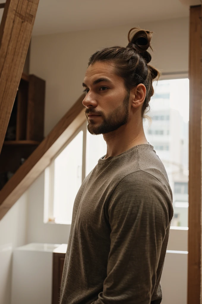 A man tall with hair bun
