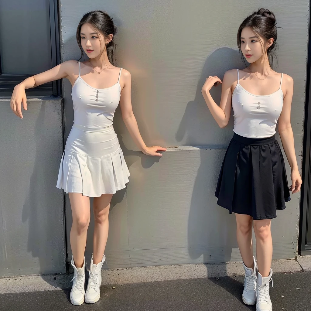 (a girl pretty girl with perfect figure), (Short flared dress), (strapless dress), (cotton spaghetti-strap top :1.2), ((Hem full flared dress)), (midi(32K,1 20-year-old girl, The light from the rear window is backlit, Ray traching), (full body), (white sneakers), (a pair of white leather boots, highly detailed boots), (hair black), (two-parted hair :1.3), (very thick hair), (hands close to the body), (Slender chest), (visible shoe sole :1,5), (short upper chest :1.5), (pectoral muscles are large :1.5), (upper breasts are firm and round :1.5), (stretches chest stretching), (stand upright), (two shoe ends), (two shoe toes) ,(put on blush), (apply powder), (makeup), (standing), (asian girl princess), (Oversized T-shirt with excess fabric when tucked into a skirt),  (seamless skirt), (long shins) , (big shins), (A hem full flared skirt)
