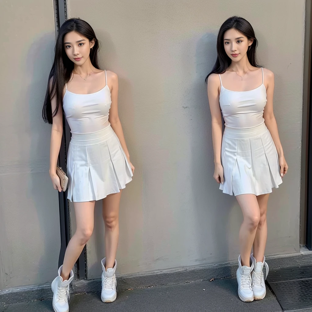 (a girl pretty girl with perfect figure), (Short flared dress), (strapless dress), (cotton spaghetti-strap top :1.2), ((Hem full flared dress)), (midi(32K,1 20-year-old girl, The light from the rear window is backlit, Ray traching), (full body), (white sneakers), (a pair of white leather boots, highly detailed boots), (hair black), (two-parted hair :1.3), (very thick hair), (hands close to the body), (Slender chest), (visible shoe sole :1,5), (short upper chest :1.5), (pectoral muscles are large :1.5), (upper breasts are firm and round :1.5), (stretches chest stretching), (stand upright), (two shoe ends), (two shoe toes) ,(put on blush), (apply powder), (makeup), (standing), (asian girl princess), (Oversized T-shirt with excess fabric when tucked into a skirt),  (seamless skirt), (long shins) , (big shins), (A hem full flared skirt)
