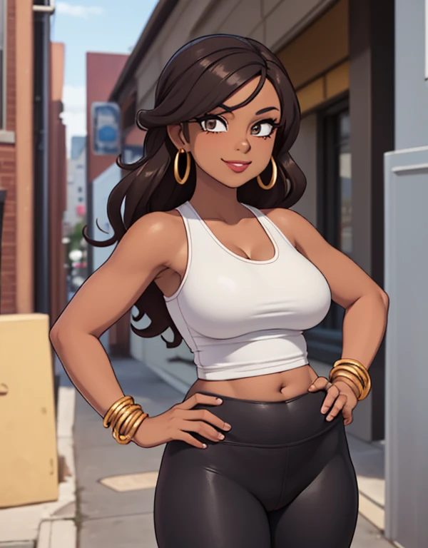 ((Masterpiece)), ((Best Quality)), (4K quality), CARTOON, ANIME, CARTOON ARTSTYLE, (half-body-shot (front shot):1.3),(Detailed face:1.2), (Detailed eyes:1.2), ultra-detailed, 1girl, alone, Latina, 42-years-old, milf, mature female, (dark-skinned female:1.5), long brown hair, amber colored eyes, mascara, eyeshadow, red lipstick, (Wearing: red tank-top, black leggings, golden earrings, golden bracelets, sneakers:1.2), looking at viewer, smile, sultry, sultry face, Oversize, Overweight, thick lips, (plump figure and wide frame:1.2), medium breasts, sagging breasts, fat rolls, belly rolls, muffin top, big deep navel, tight out, love handles, wide hips, wide waist, wide load butt, thick thighs, hands on hips, in the streets of Tampa.