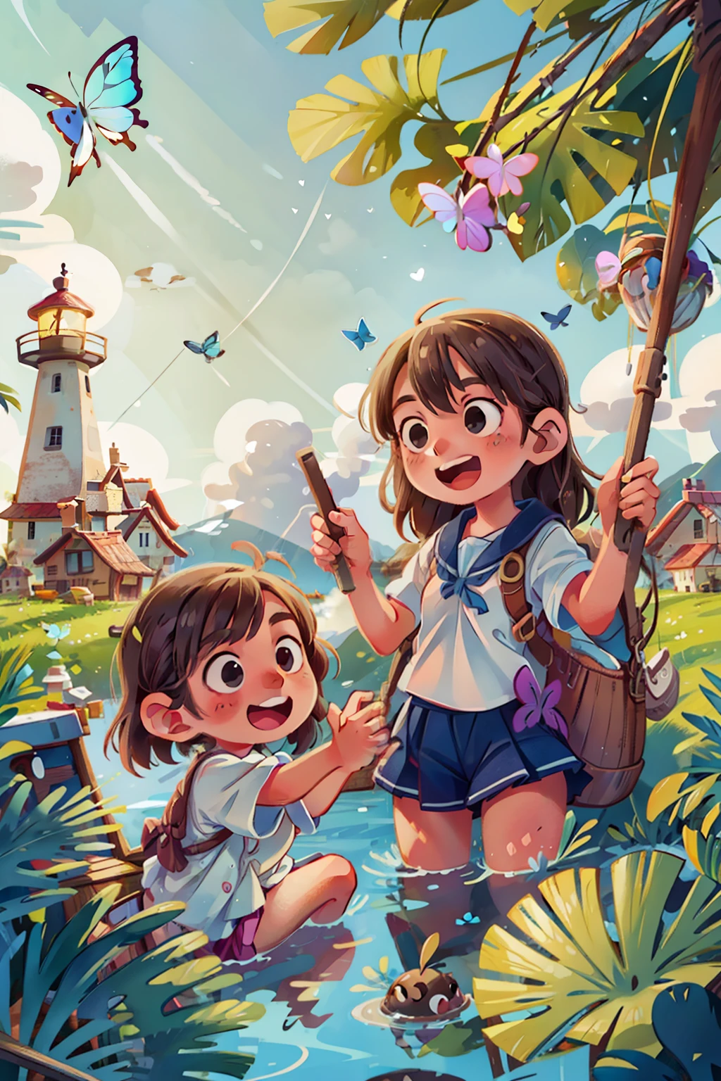 Generates an image of two happy  very young girls sailing on a boat, waves, sea, sky with white clouds. colorful butterflies, lighthouse in the background,