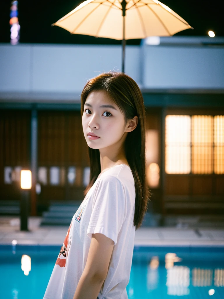 21-year-old Japan woman、By the pool、Wear a t-shirt over your swimsuit、Sharp focus, Intricate details, Brown haired woman,  (Cinema Lighting:1.1), Shot with the Fujifilm X-H2S, 90mm F/8. Macro Lens, Expired Kodak VISION3 500T color negative film, 8k, (whole body:1.0)、Standing posture、Model Body Type