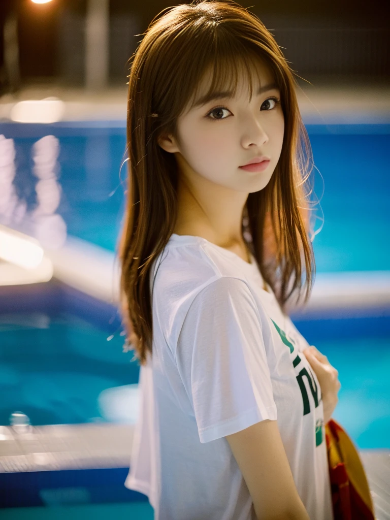 21-year-old Japan woman、By the pool、Wear a t-shirt over your swimsuit、Sharp focus, Intricate details, Brown haired woman,  (Cinema Lighting:1.1), Shot with the Fujifilm X-H2S, 90mm F/8. Macro Lens, Expired Kodak VISION3 500T color negative film, 8k, (whole body:1.0)、Standing posture、Model Body Type