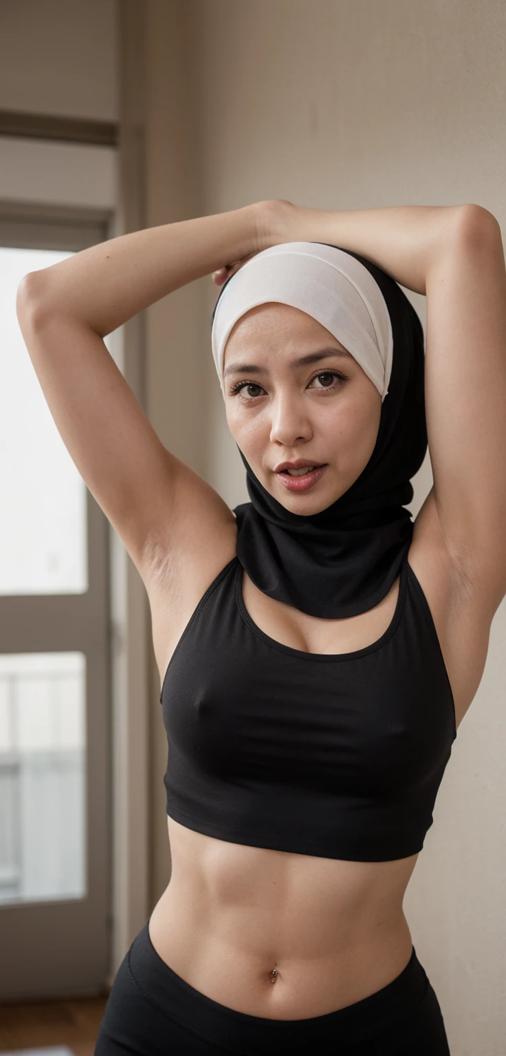 A mother wearing a hijab, funny face, Croptop, armpits