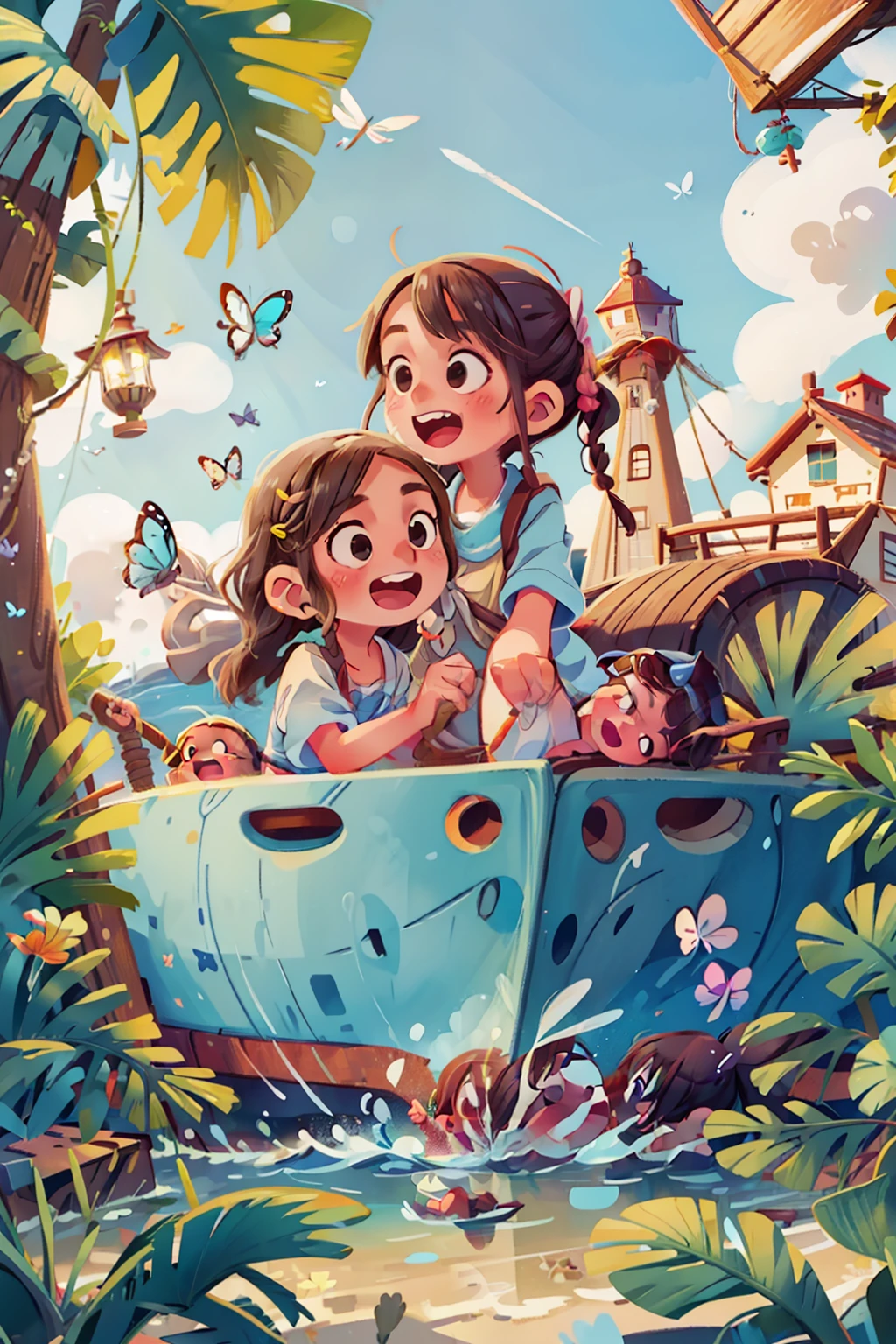 Generates an image of two happy  very young girls sailing on a boat, waves, sea, sky with white clouds. colorful butterflies, lighthouse in the background,