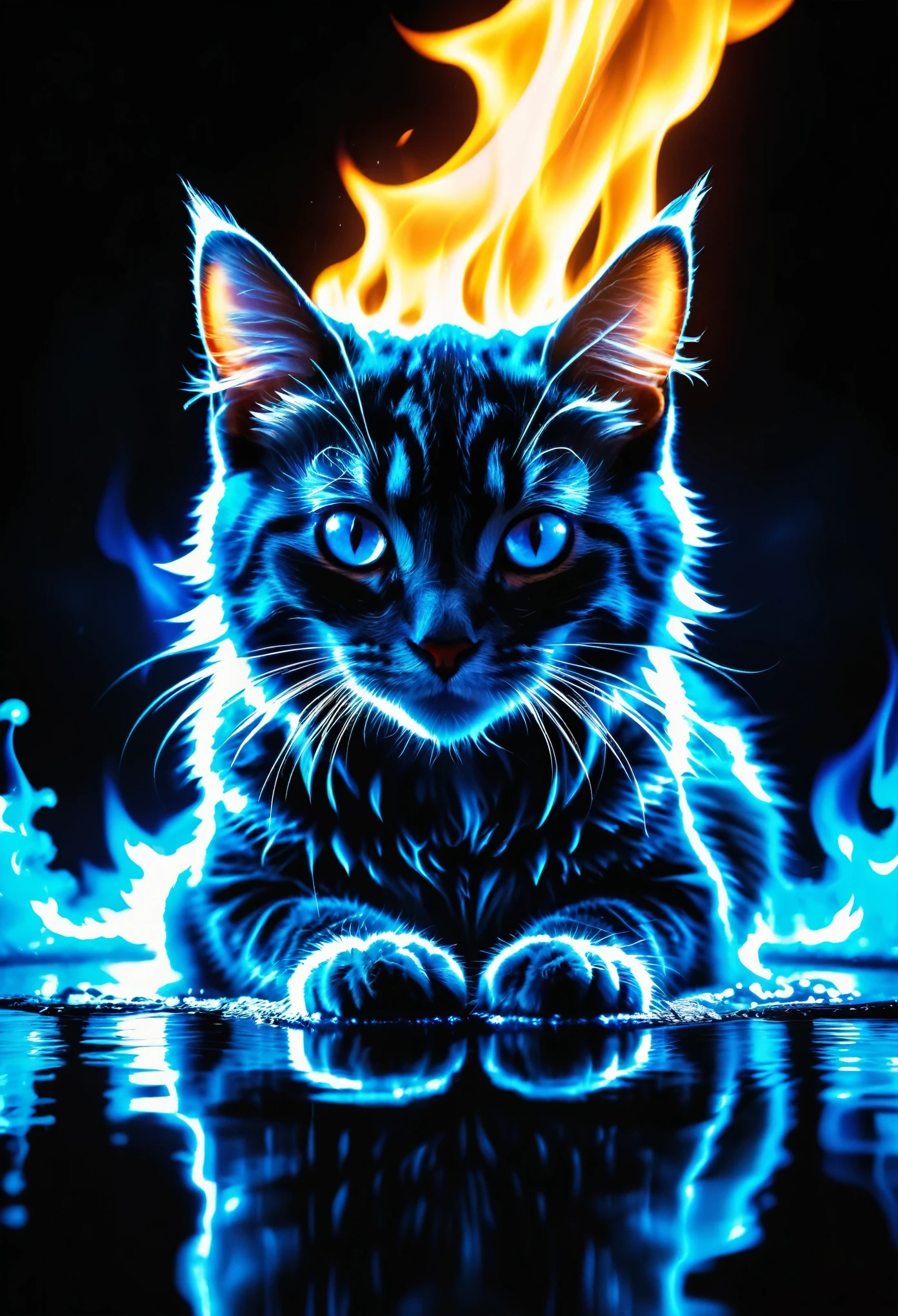 (RAW photo,best quality, realistic,photo-realistic:1.2), extremely detailed,8k wallpaper, Amazing,ultra-detailed,highres, (blue fire:1.2), silhouette, explosion, The flame is in the silhouette of a cat, realistic fire, cat, aura, animal focus, no humans, looking at viewer, animal, watermark, (Water is evaporating:1.2), smile, (silver eyes:1.2), slit pupils, burning, glowing, kooo123, kooocat, koooflame