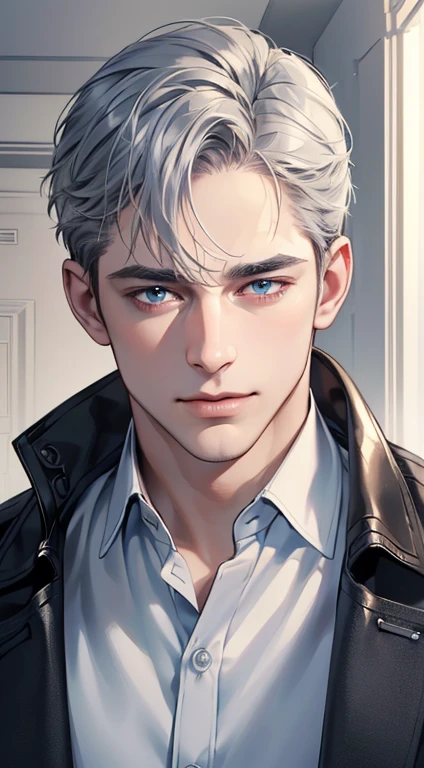 (best quality, masterpiece, 8K, photorealistic, cinematic lighting, 1:4 hdr image, ultra detailed, beautiful image), a mature man, 34 years very handsome, ((cold expression smilenin love)), short grey hair, blue eyes, face perfect without mistakes, ((buttoning his jacket, CEO))