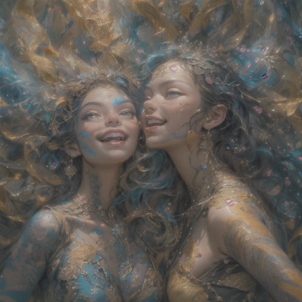 Surreal psychedelic artwork、Three very beautiful young women with body paint laughing、Erotic atmosphere、(Highest quality、4k、8k、High resolution、masterpiece:1.2)、Super detailed、(Real、Photorealistic、Photorealistic:1.37)、Super detailedな顔、Intricate details、Bright colors、Dramatic lighting、Dreamy and surreal setting、Ethereal atmosphere、Sensual pose、High Fashion Lingerie、Shiny skin、long flowing hair、Captivating look