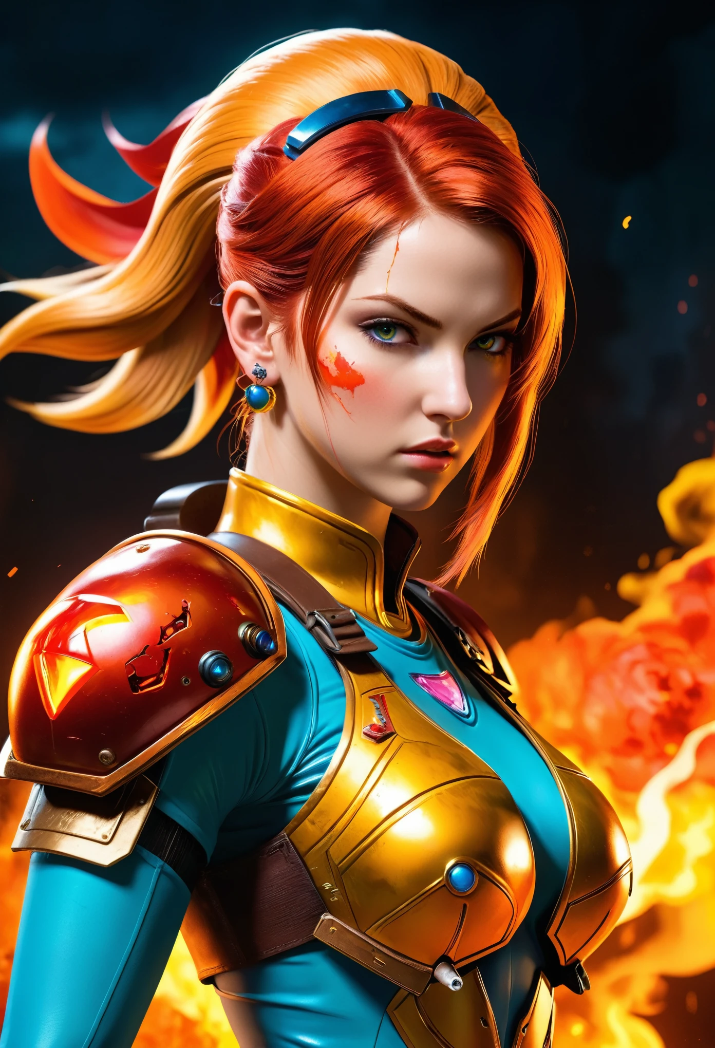 An illustration of a fierce character with fiery hair, in the style of Molecular, [lara croft:(princess peach:1.2):(zelda princess):(panam palmer:1.6):(samus shoulders: 1.6):(jill valentine:1.3)], intense and powerful, photo-enhanced, gorepunk, cyberpunk genre, (orange hardcore gore yellow red fiery red:1.4), 8k, masterpiece, high details, maximum pixels, perfection, (jewelry:1.3)