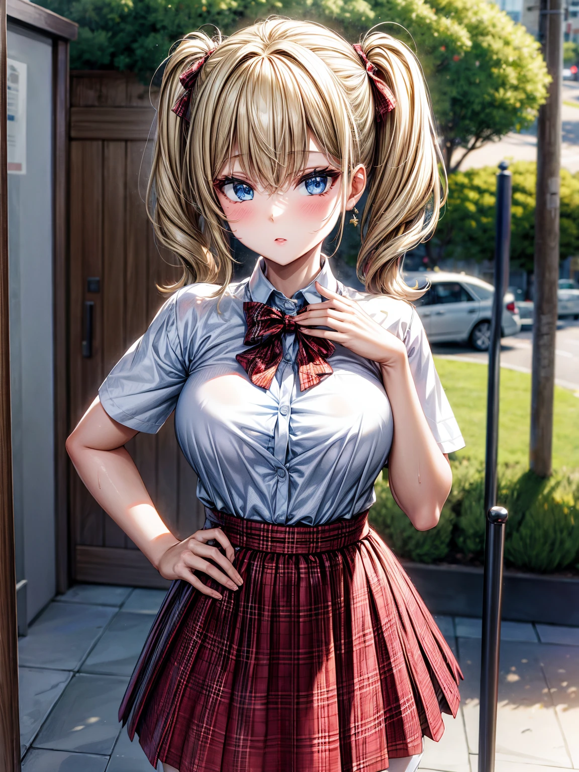 1girl,masterpiece,best quality,blonde hair,(dual short ponytails),blue eyes,(white stockings),(red plaid skirt),standing,in full length,medium breasts,white t shirt,in front of streets,extremely detailed,[[realistic]],beautiful alluring anime teen,seductive anime girl