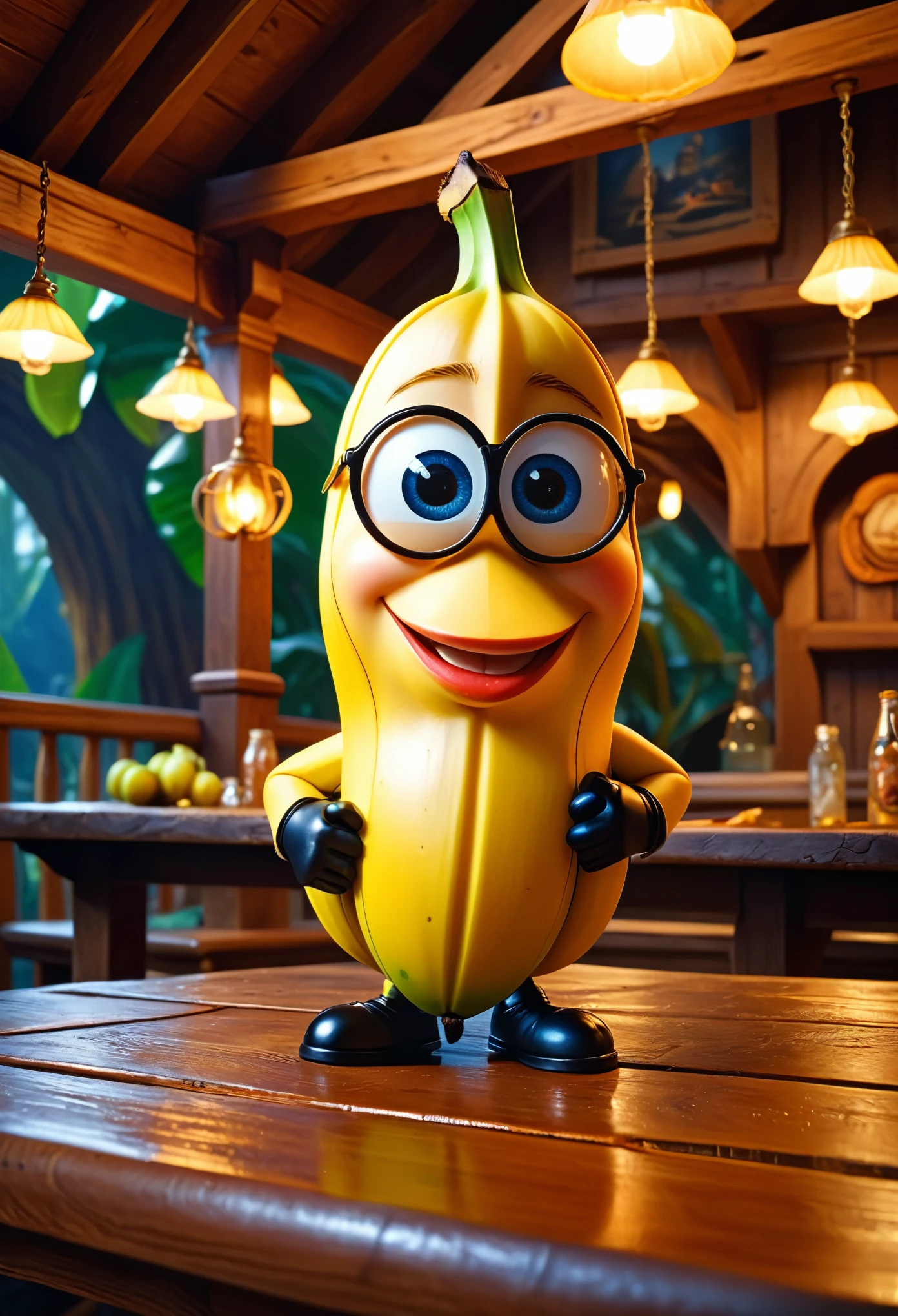 Hyperrealistic art cinematic film still photography in the style of detailed hyperrealism photoshoot, anthropomorphic small banana, cute face, dynamic pose, set on a wooden tavern table,(fantasy:1.3), Greg Hildebrandt, Tim Hildebrandt , bold lines, hyper detailed, shallow depth of field, vignette, highly detailed, high budget, bokeh, cinemascope, moody, epic, gorgeous, film grain, grainy, extremely high-resolution details, photographic, realism pushed to extreme, fine texture, incredibly lifelike,