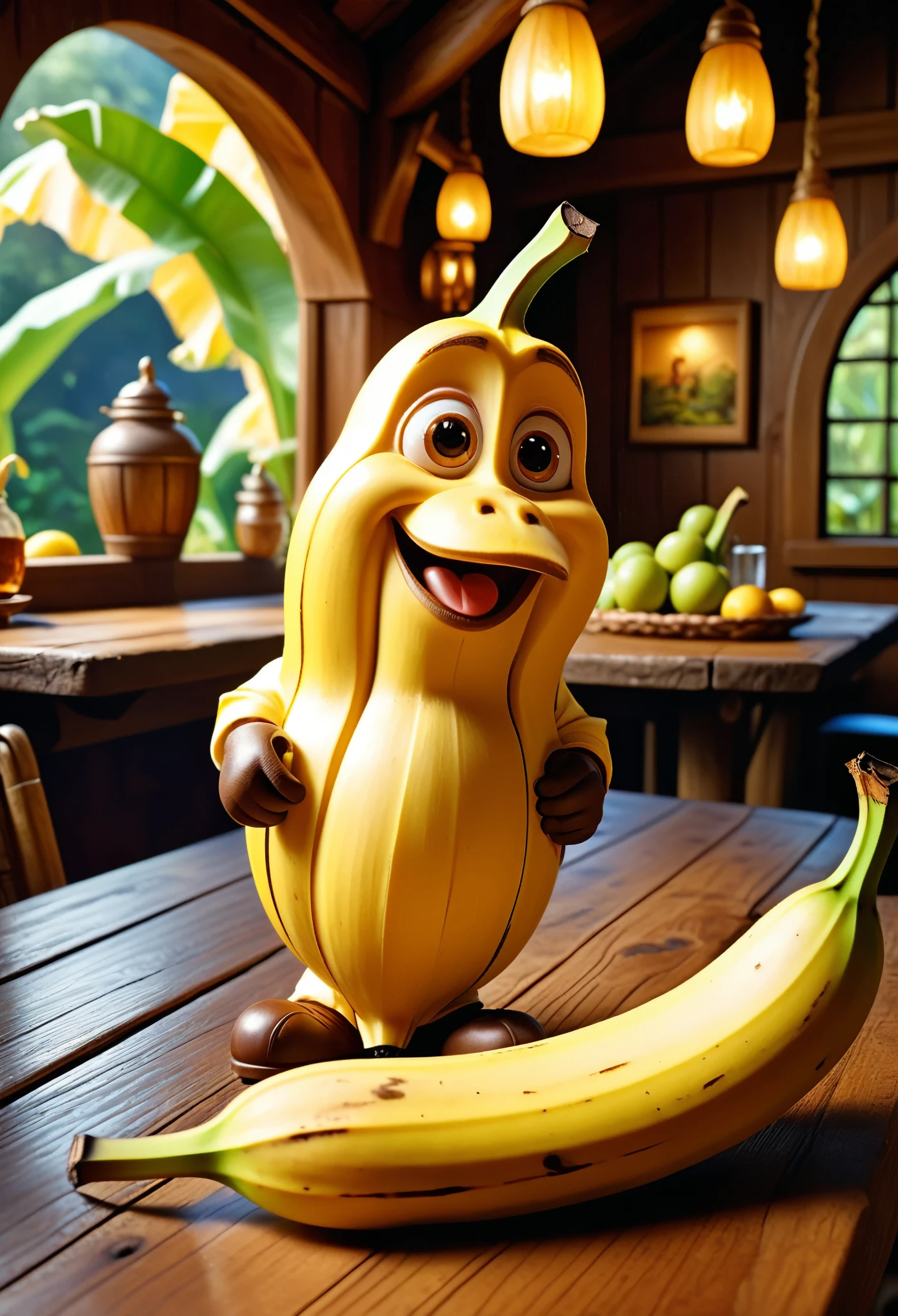 Hyperrealistic art cinematic film still photography in the style of detailed hyperrealism photoshoot, anthropomorphic small banana, cute face, dynamic pose, set on a wooden tavern table,(fantasy:1.3), Greg Hildebrandt, Tim Hildebrandt , bold lines, hyper detailed, shallow depth of field, vignette, highly detailed, high budget, bokeh, cinemascope, moody, epic, gorgeous, film grain, grainy, extremely high-resolution details, photographic, realism pushed to extreme, fine texture, incredibly lifelike,