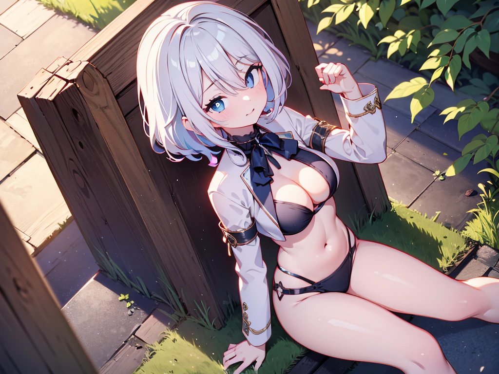 (masterpiece),best quality, expressive eyes, perfect face,w sitting, w sitting on ground, legs on ground, 1girl, big , H-cup, good breastors, crossing arms, beautiful, gorgeous, perfect body, mini bikini
