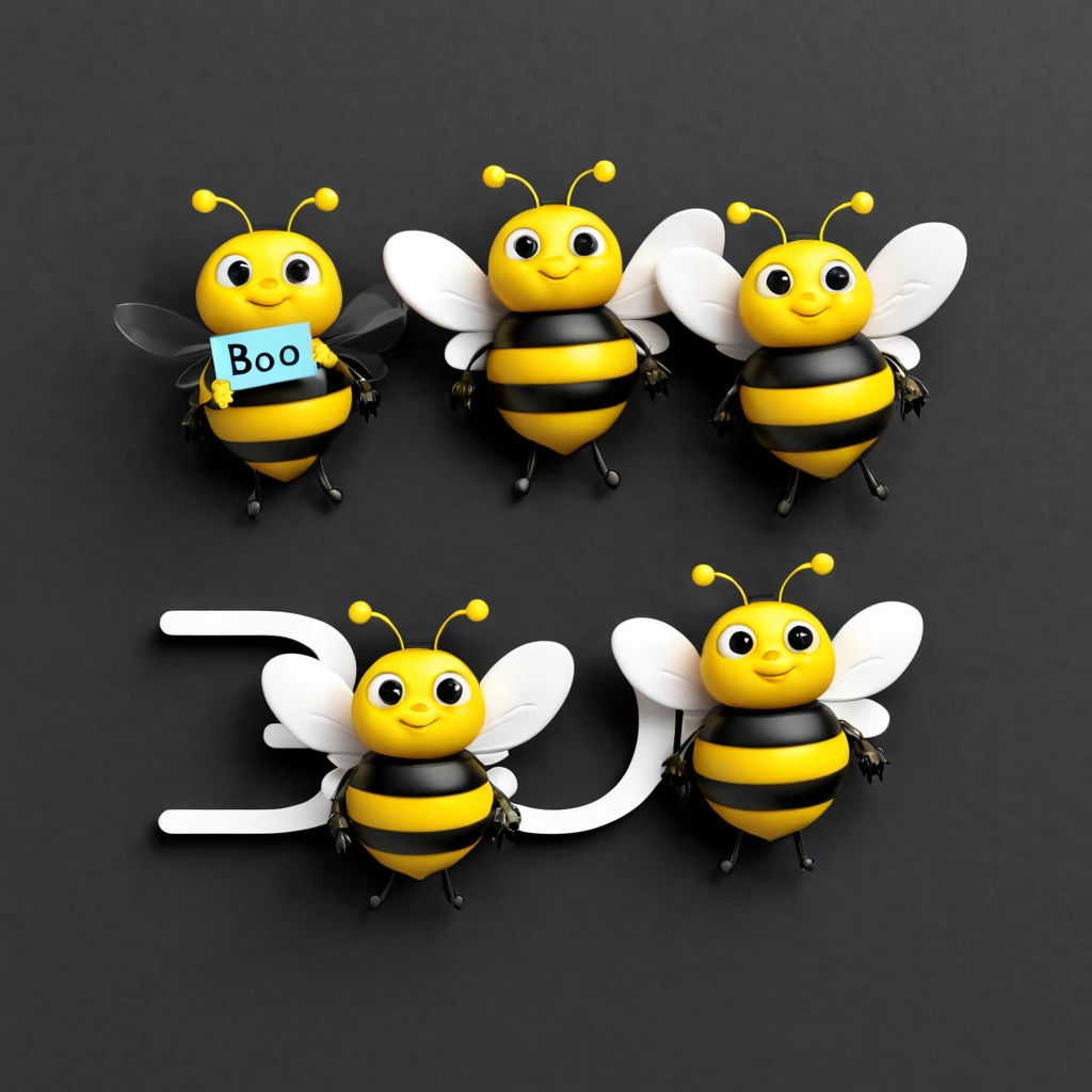 3 cute little 3d bees on a black background. The bees are standing side by side. The left bee is holding the letter 'B' and the other two bees are holding the letter 'O'. When reading what all three are holding it reads 'BOO'