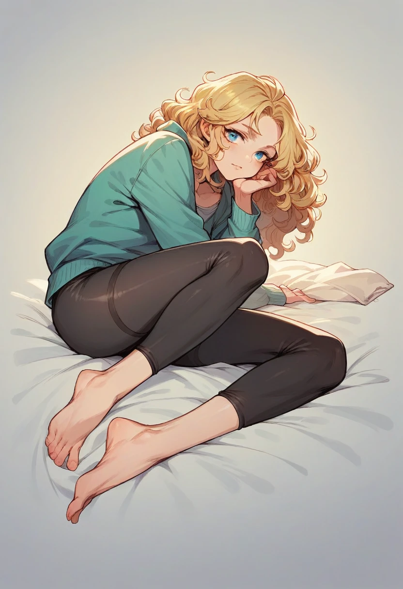 Make an image of a blue-eyed blonde with curly hair like angels in black leggings and barefoot and she is the most beautiful in the world