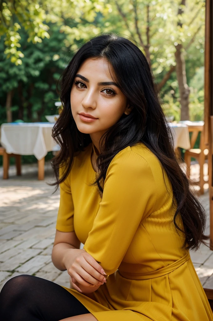 A woman of turkish appearance,25 years,detailed facial features,(Black eyes color:1.3),turkish eyes shape, Angular eyebrows,Full upper lip, thin lower lip,turkish jawline,(Wavy hair),Deep blue hair, mustard yellow color Dress clothes,(Modest),Silhouette Composition,posing in Picnic area,blurred background,dim lighting,RAW photo(ultra realistic foto:1.2), simile face