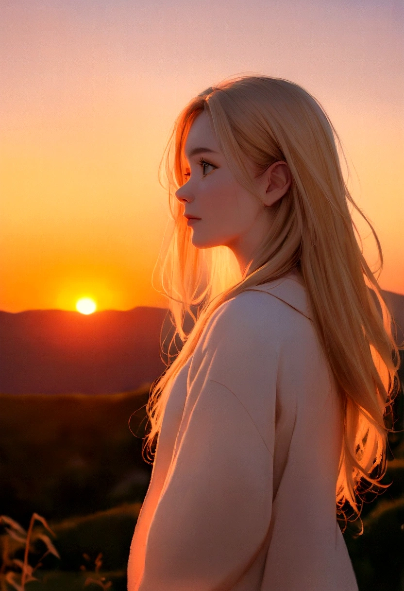 a woman with long blonde hair standing on a hill looking At sunset, a photo by Niko Henrichon, Unsplash, realism, Watching the sunset少女, Watching the sunset, beautiful girl on the horizon, Watching the sunset, While watching the sunset, beautiful girl, Looking into the distance, At sunset, At sunset, Looking into the distance