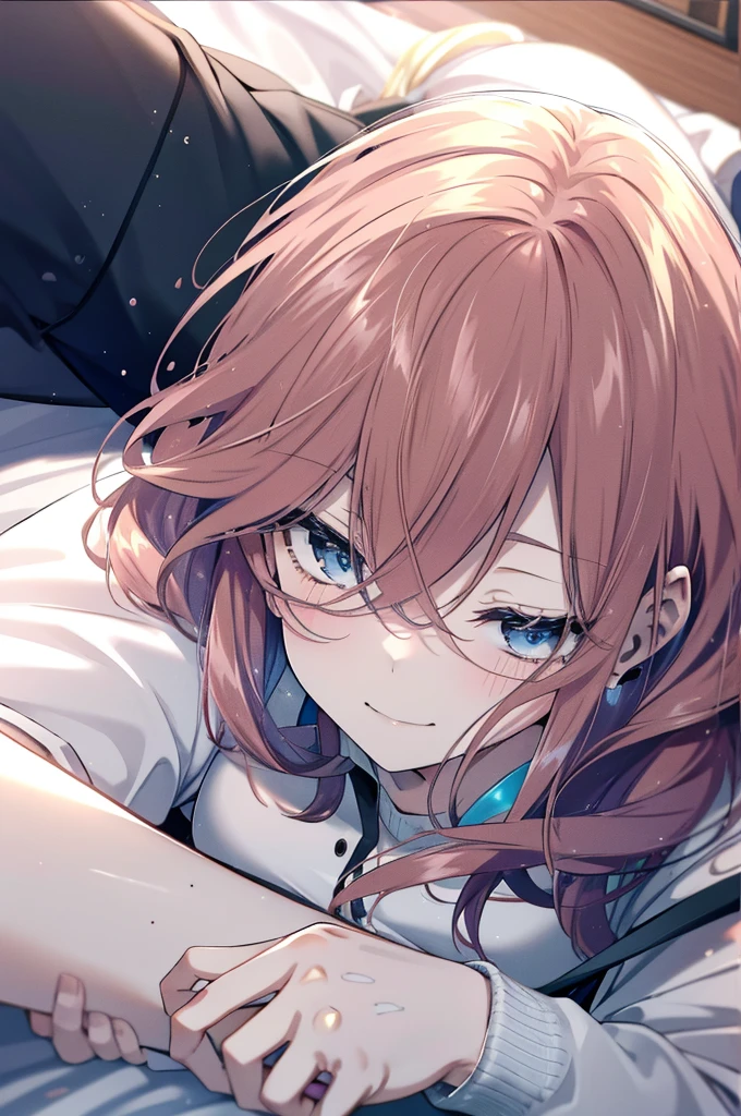 miku nakano, Nakano Miku Ticket III, Long Hair, bangs, blue eyes, Brown Hair, Hair between the eyes, Wake up,Sleepy eyes,Oversized T-shirt,Black string underwear,barefoot,smile,Bedroom,The light goes out,ロマンチックなmorning日,morning,Extreme Light,
break indoors, Bedroom,
break (masterpiece:1.2), Highest quality, High resolution, unity 8k wallpaper, (shape:0.8), (Beautiful and detailed:1.6), Highly detailed face, Perfect lighting, Highly detailed CG, (Perfect hands, Perfect Anatomy),