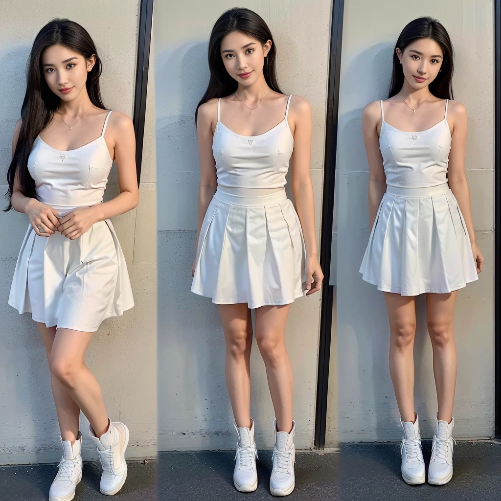 (a girl pretty girl with perfect figure), (Short flared dress), (white bra), (strapless dress), (cotton spaghetti-strap top :1.2), ((Hem full flared dress)), (midi(32K,1 20-year-old girl, The light from the rear window is backlit, Ray traching), (full body), (white sneakers), (a pair of white leather boots, highly detailed boots), (hair black), (two-parted hair :1.3), (very thick hair), (hands close to the body), (Slender chest), (visible shoe sole :1,5), (short upper chest :1.5), (pectoral muscles are large :1.5), (upper breasts are firm and round :1.5), (stretches chest stretching), (stand upright), (two shoe ends), (two shoe toes) ,(put on blush), (apply powder), (makeup), (standing), (asian girl princess), (Oversized T-shirt with excess fabric when tucked into a skirt), (seamless skirt), (long shins) , (big shins), (A hem full flared skirt)