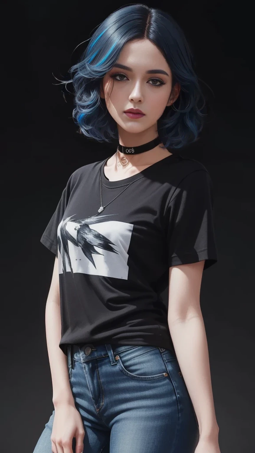 black hair with deep blue highlights,wavy bob hair style,((illustration)), (((masterpiece))), ((best quality)), (High resolution), (detailedlight), ((intricate detail)), (highres), (very detailed CG 8k wallpaper),Beautiful Lighting, Perfect Lightning, Realistic Shadows, [High Resolution], Detailed Skin, Super Delicate