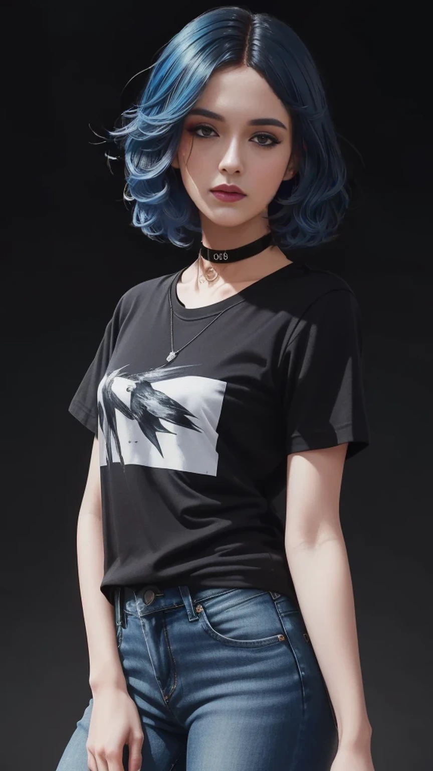 black hair with deep blue highlights,wavy bob hair style,((illustration)), (((masterpiece))), ((best quality)), (High resolution), (detailedlight), ((intricate detail)), (highres), (very detailed CG 8k wallpaper),Beautiful Lighting, Perfect Lightning, Realistic Shadows, [High Resolution], Detailed Skin, Super Delicate