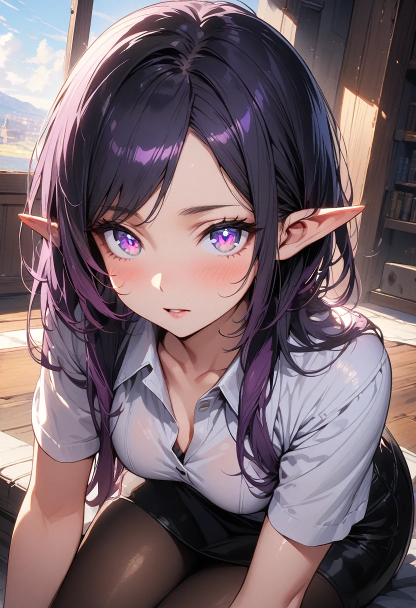 ((highest quality, masterpiece, ultra high definition, high resolution)), ((ultra-detailed illustrations:1.2)), 1 girl, solo, anime style, beautiful hair, parted bangs, loose hair, long hair, black hair, dark purple hair, multi colored hair, beautiful detailed eyes, beautiful detailed pupils, violet eyes, looking at viewer, pointed ears, mid-chest, white shirt, collared shirt, short sleeves, black mini skirt, pantyhose, shiny skin, shiny, outdoor