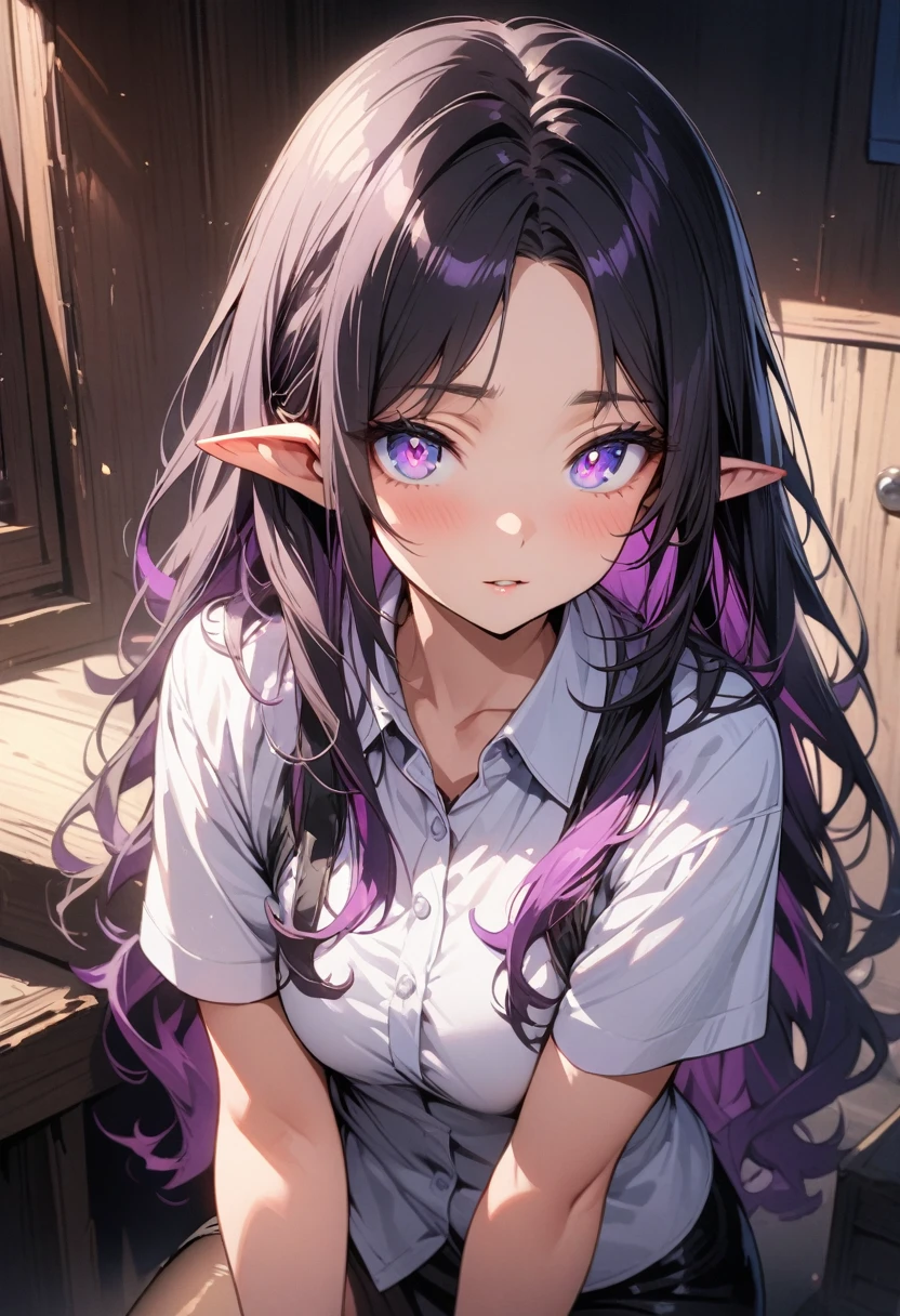 ((highest quality, masterpiece, ultra high definition, high resolution)), ((ultra-detailed illustrations:1.2)), 1 girl, solo, anime style, beautiful hair, parted bangs, loose hair, long hair, black hair, dark purple hair, multi colored hair, beautiful detailed eyes, beautiful detailed pupils, violet eyes, looking at viewer, pointed ears, mid-chest, white shirt, collared shirt, short sleeves, black mini skirt, pantyhose, shiny skin, shiny, indoor
