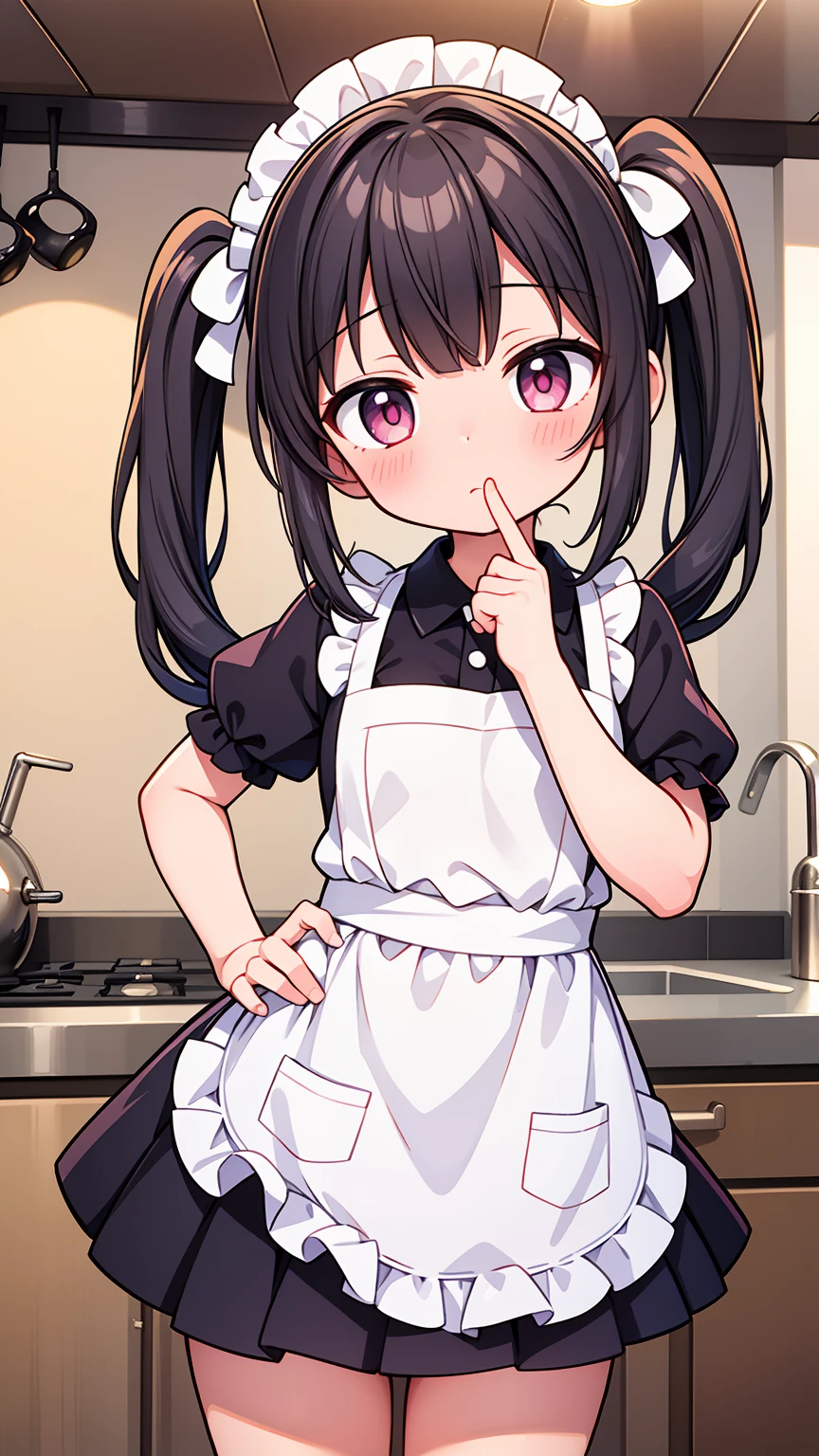 (8K, Highest image quality, highest quality, masterpiece), detailed face, (( girl)), (little lolive) , black hair, short twintails, pink eyes, small breasts, naked apron, cowboy shot, put your hand on your mouth, kitchen background, ((very blushing)), ((detailed hands and fingers)), viewer perspective from below, (very blushing), (very much in love with the viewer)