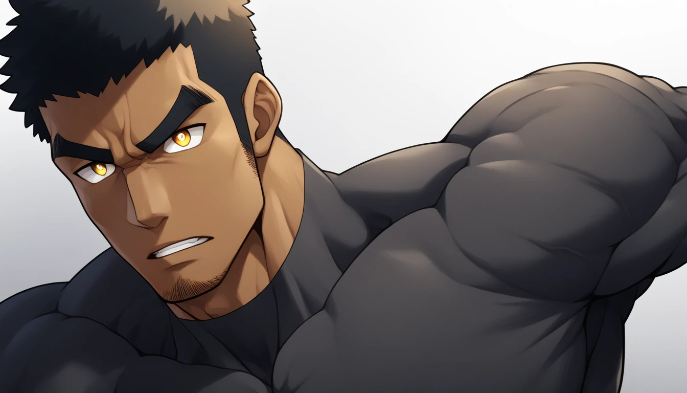 negro, negro, negro, anime characters：Gyee, Muscle Sports Student, negro black skin, 1 muscular tough guy, Manliness, male focus, Dark grey long sleeve tights, Very tight, The pectoral muscles are oversized, Slightly transparent, muscular male, muscular, only, Upper body, alone, Black short hair, Thick eyebrows, stubble, Yellow eyes, White background, simple background, amazing quality, best aesthetics, Ridiculous, bright pupils, crew cut, parted lips, v-shaped eyebrows, jitome, best quality