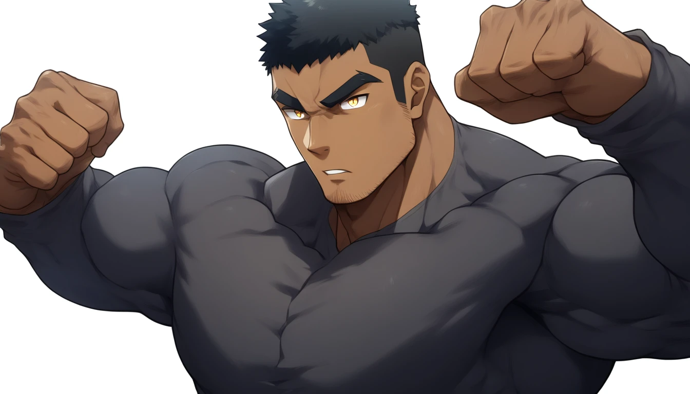 negro, negro, negro, anime characters:Gyee, Muscle Sports Student, negro black skin, 1 muscular tough guy, Manliness, male focus, Dark grey long sleeve tights, Very tight, The pectoral muscles are oversized, Slightly transparent, muscular male, muscular, only, Upper body, alone, Black short hair, Thick eyebrows, stubble, Yellow eyes, White background, simple background, amazing quality, best aesthetics, Ridiculous, bright pupils, crew cut, parted lips, v-shaped eyebrows, jitome, best quality