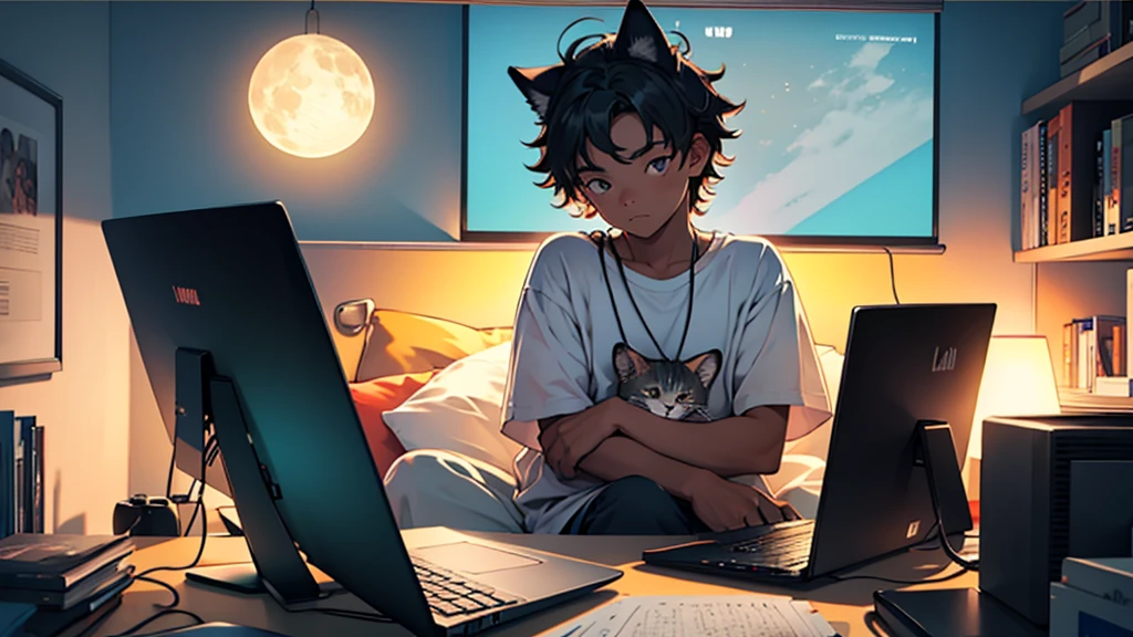 crie uma imagem estilo lofi em 8k para postar no youtube de um adolescente estudando em frente a um computador e de lado para janela, na qual tem um gato fofo e peludo deitado e encarando a lua a noite
