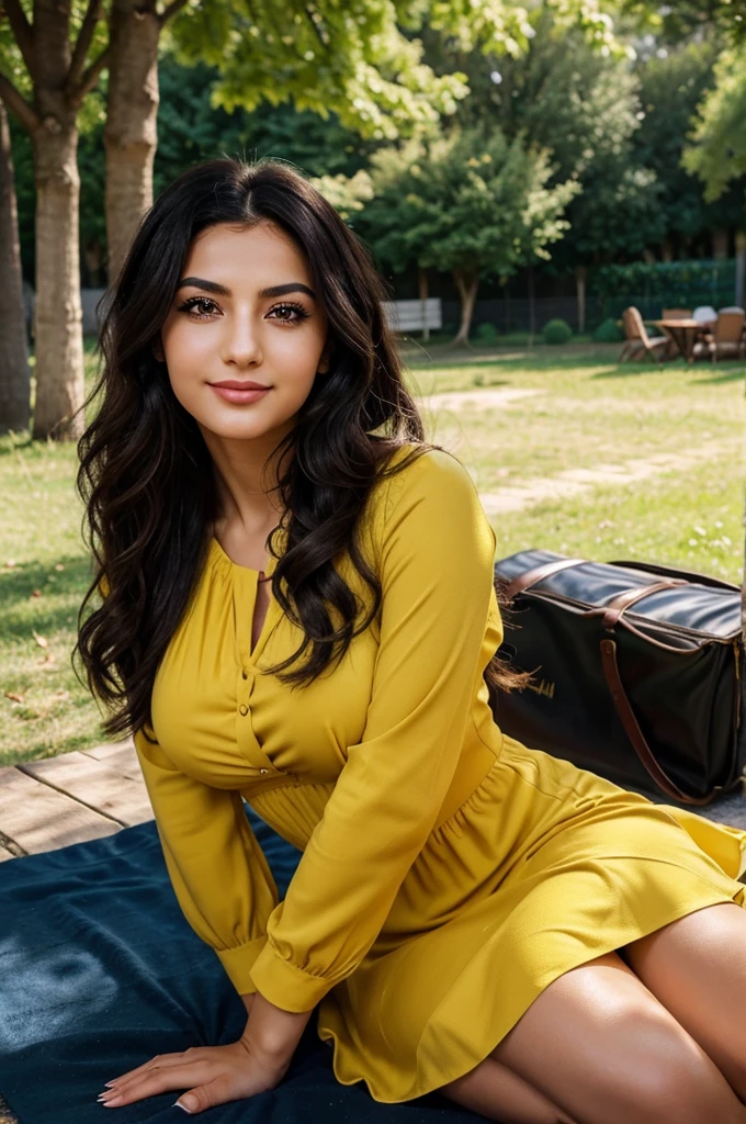 A woman of turkish appearance,25 years,detailed facial features,(Black eyes color:1.3),turkish eyes shape, Angular eyebrows,Full upper lip, thin lower lip,turkish jawline,(Wavy hair),Deep blue hair, Smile face, mustard yellow color Dress clothes,(Modest),Silhouette Composition,posing in Picnic area,blurred background,dim lighting,RAW photo(ultra realistic foto:1.2)
