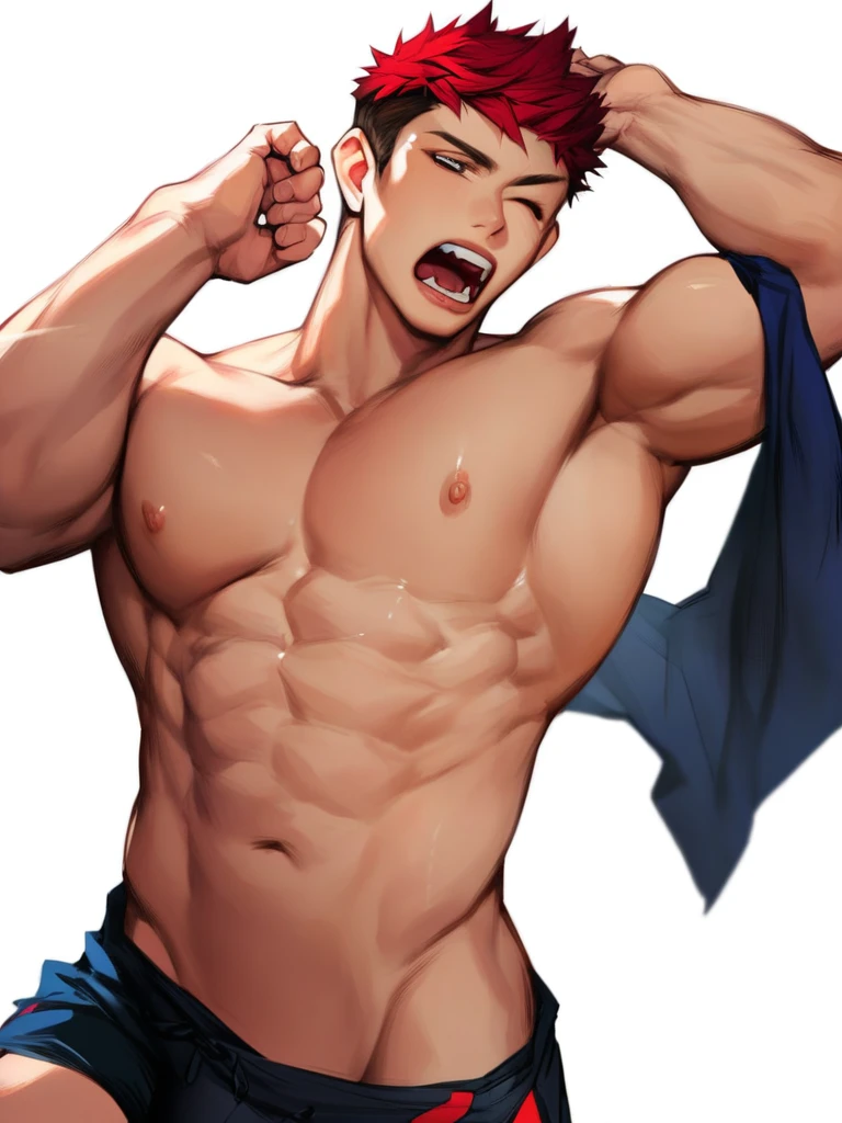 score_9, score_8_up, score_7_up, score_6_up, boy, red short hair, hair down, bangs, one eye closed, yawning, shirtless, black shorts, cool, front, muscular, huge bulge, looking at viewer, simple white background, concept art, RinotunaYei, 