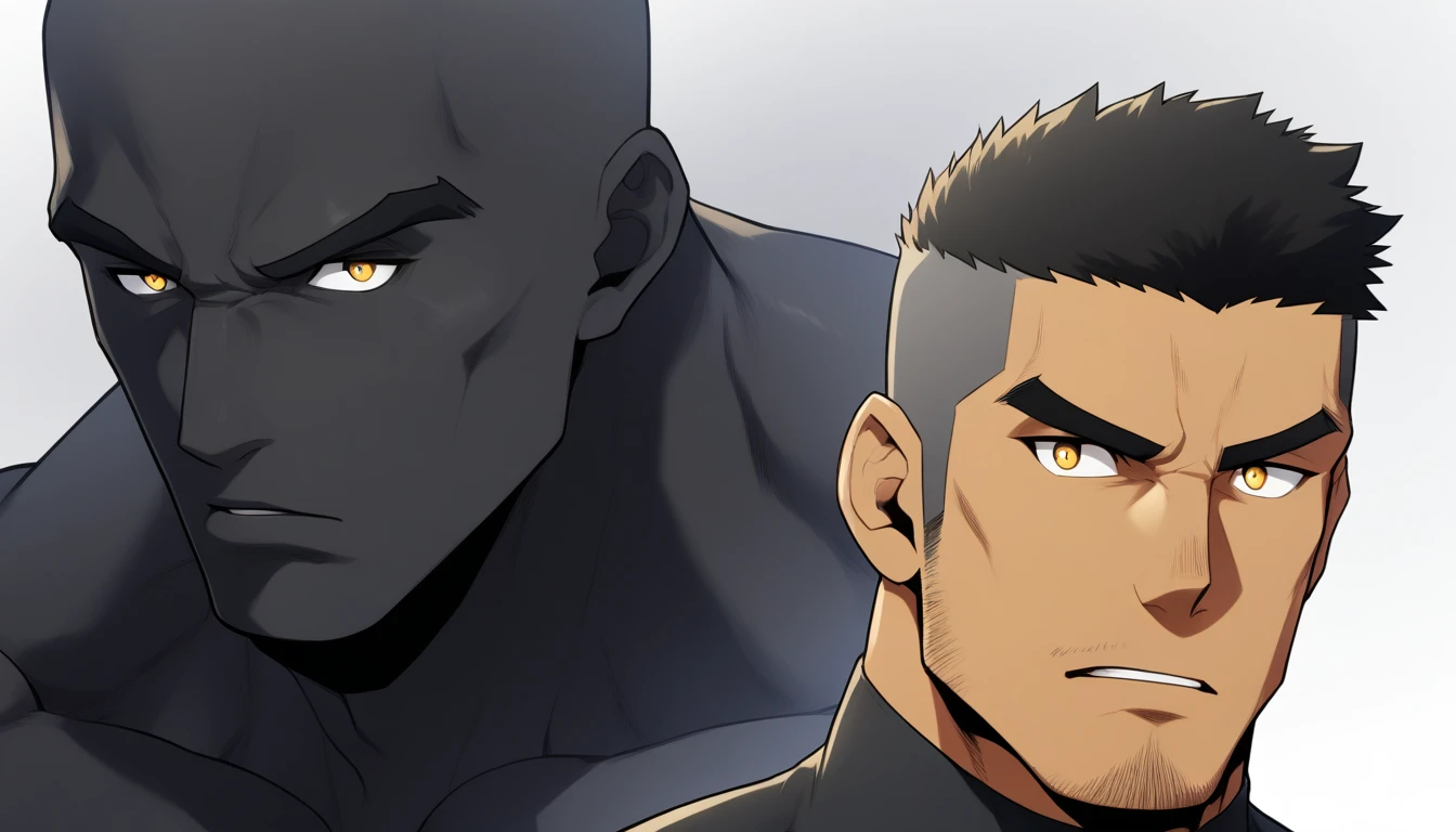 negro, negro, negro, anime characters:Gyee, Muscle Sports Student, negro black skin, 1 muscular tough guy, Manliness, male focus, Dark grey long sleeve tights, Very tight, The pectoral muscles are oversized, Slightly transparent, muscular male, muscular, only, Upper body, alone, Black short hair, Thick eyebrows, stubble, Yellow eyes, White background, simple background, amazing quality, best aesthetics, Ridiculous, bright pupils, crew cut, parted lips, v-shaped eyebrows, jitome, best quality