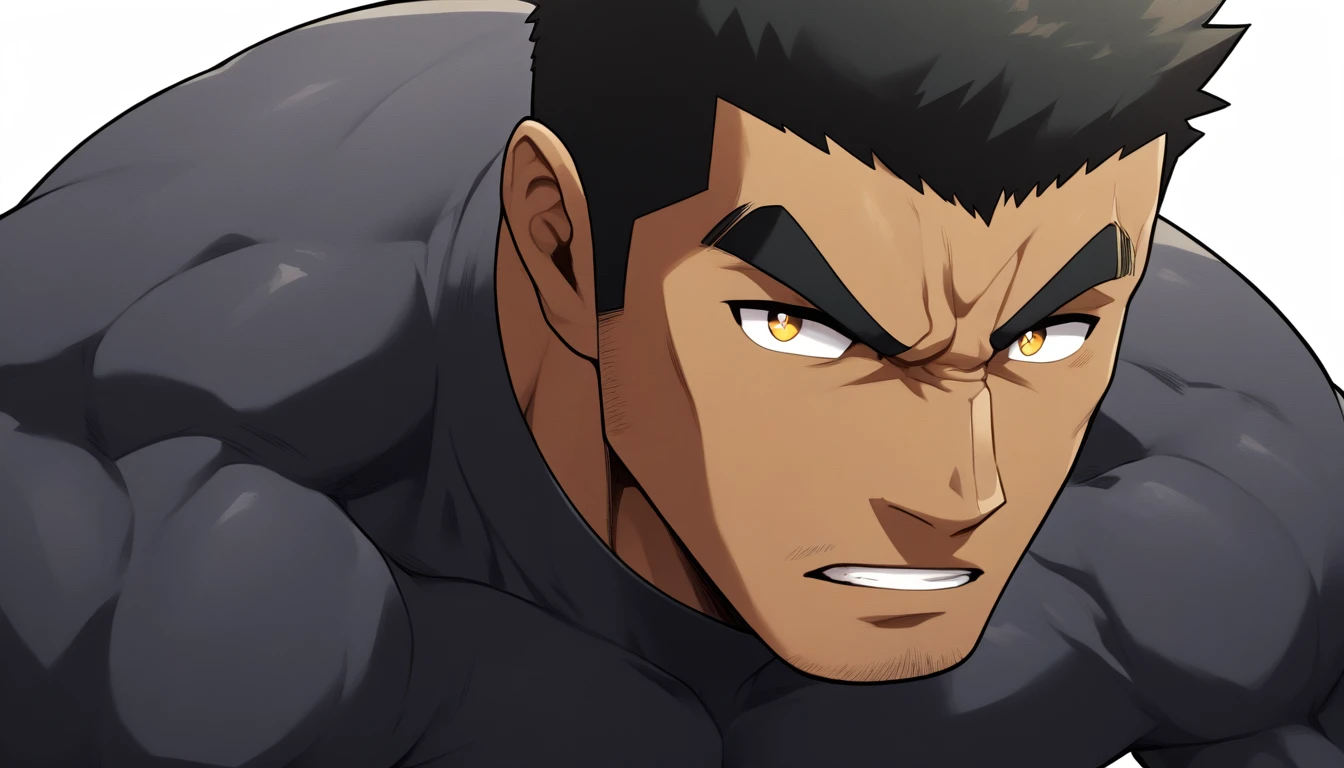negro, negro, negro, anime characters:Gyee, Muscle Sports Student, negro black skin, 1 muscular tough guy, Manliness, male focus, Dark grey long sleeve tights, Very tight, The pectoral muscles are oversized, Slightly transparent, muscular male, muscular, only, Upper body, alone, Black short hair, Thick eyebrows, stubble, Yellow eyes, White background, simple background, amazing quality, best aesthetics, Ridiculous, bright pupils, crew cut, parted lips, v-shaped eyebrows, jitome, best quality