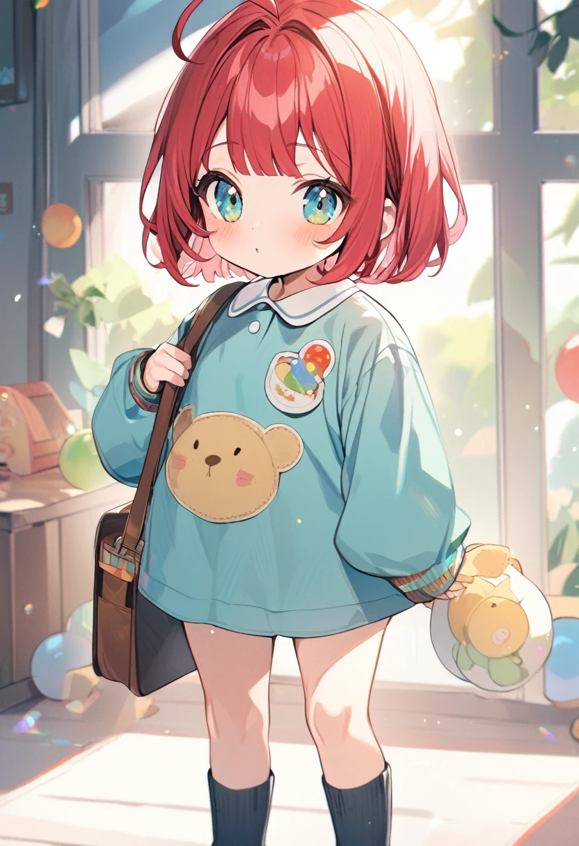 1girl,rubyred hair,bowlcut hair,half circle ahoge,blue green eyes,kids kindergarten uniform