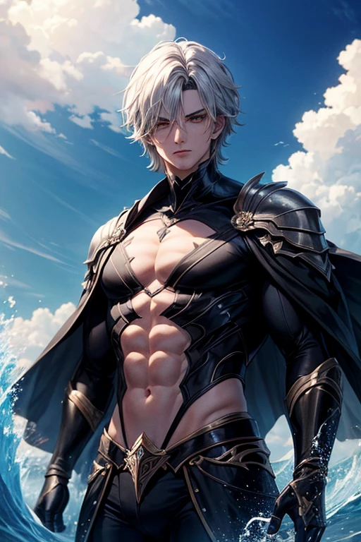 Appearance: Kael is tall, com cerca de 1,90m, has an athletic and muscular build. Your skin is pale, contrastando com seus olhos profundamente negros que parecem refletir as sombras ao redor. Your hair is black as night, falling in disorderly waves up to the shoulders. Ele usa roupas escuras e uma capa preta que parece se fundir com as sombras.