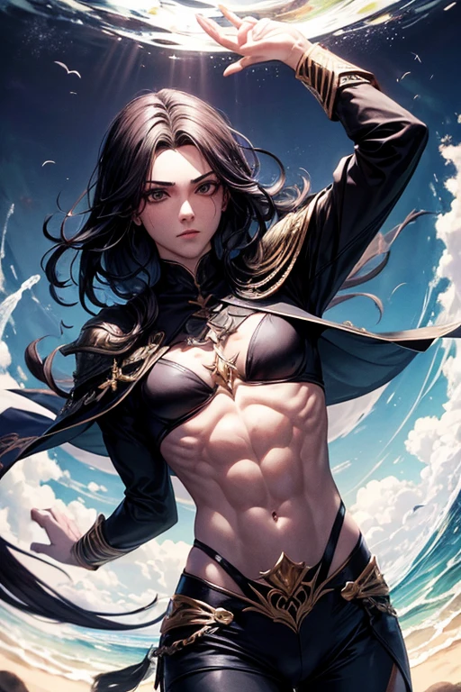 Appearance: Kael is tall, com cerca de 1,90m, has an athletic and muscular build. Your skin is pale, contrastando com seus olhos profundamente negros que parecem refletir as sombras ao redor. Your hair is black as night, falling in disorderly waves up to the shoulders. Ele usa roupas escuras e uma capa preta que parece se fundir com as sombras.